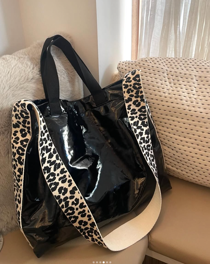 Leopard Enamel Bag - Black